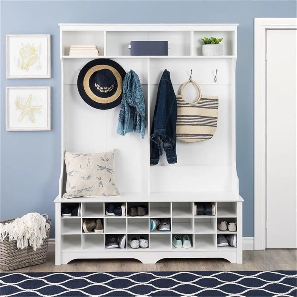 Prepac White Hall Tree, Shoe Cabinet, Storage Cabinet with 24 Shoe Cubbies and 6 Double Coat Hooks 15.5" D x 60" W x 77" H