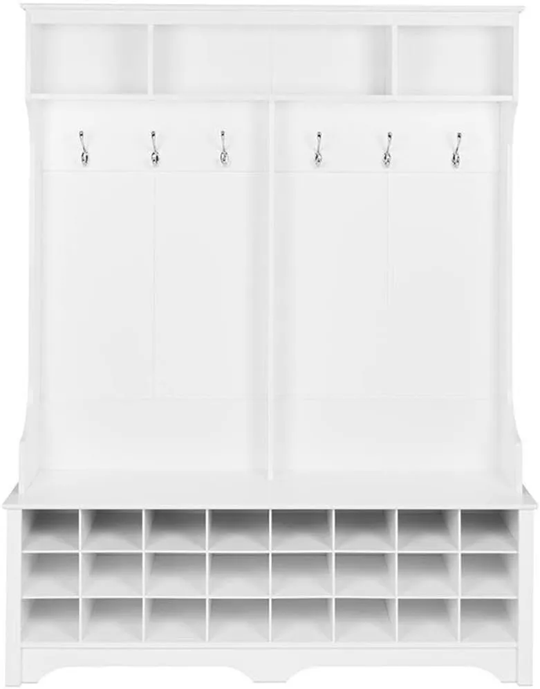 Prepac White Hall Tree, Shoe Cabinet, Storage Cabinet with 24 Shoe Cubbies and 6 Double Coat Hooks 15.5" D x 60" W x 77" H
