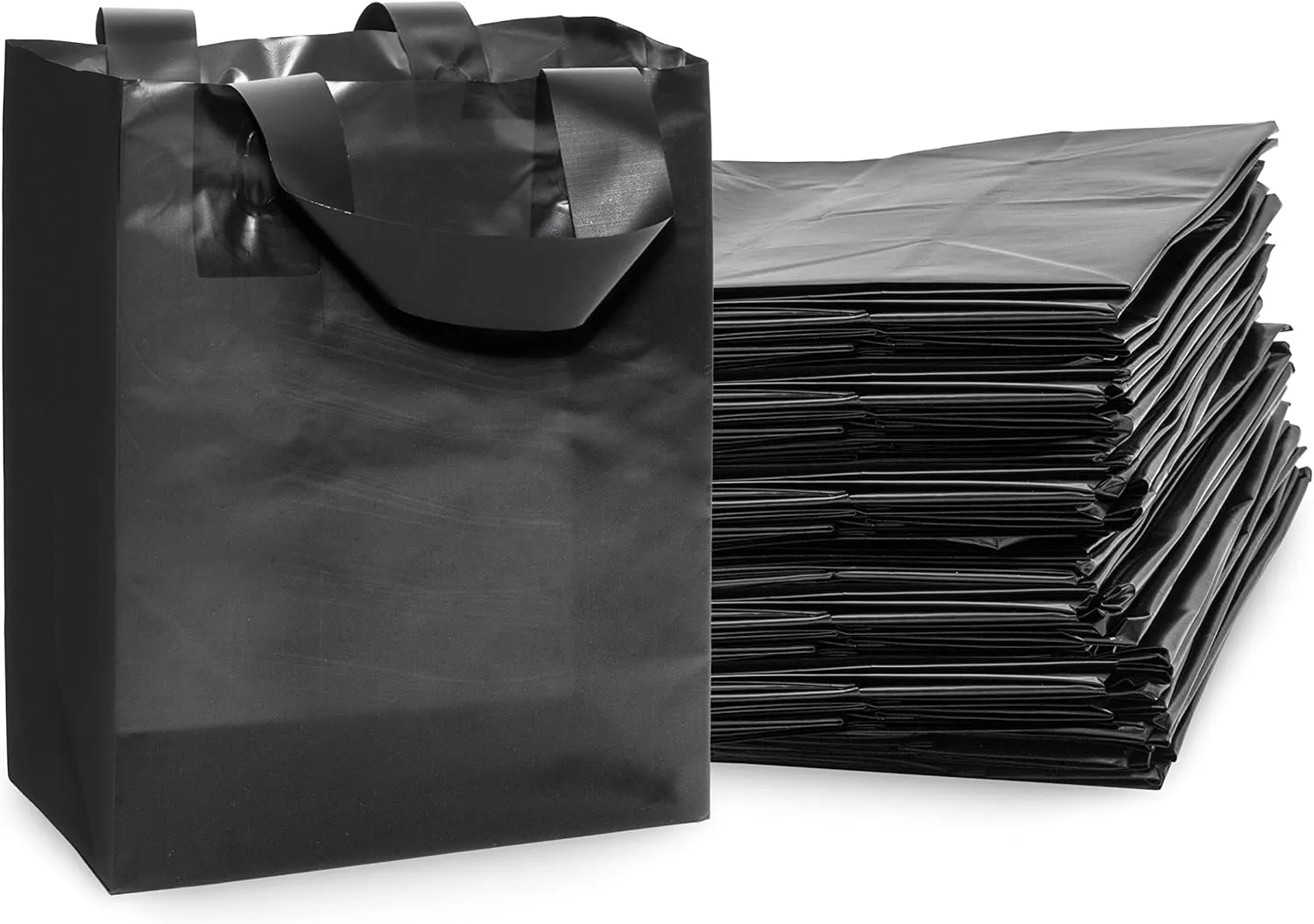 Prime Line Packaging Frosted Plastic Shopping Bags with Handles, Black Gift Tote for Merchandise, Retail, Boutiques, Parties, Events, 8x4x10 100 Pack