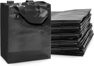 Prime Line Packaging Frosted Plastic Shopping Bags with Handles, Black Gift Tote for Merchandise, Retail, Boutiques, Parties, Events, 8x4x10 100 Pack