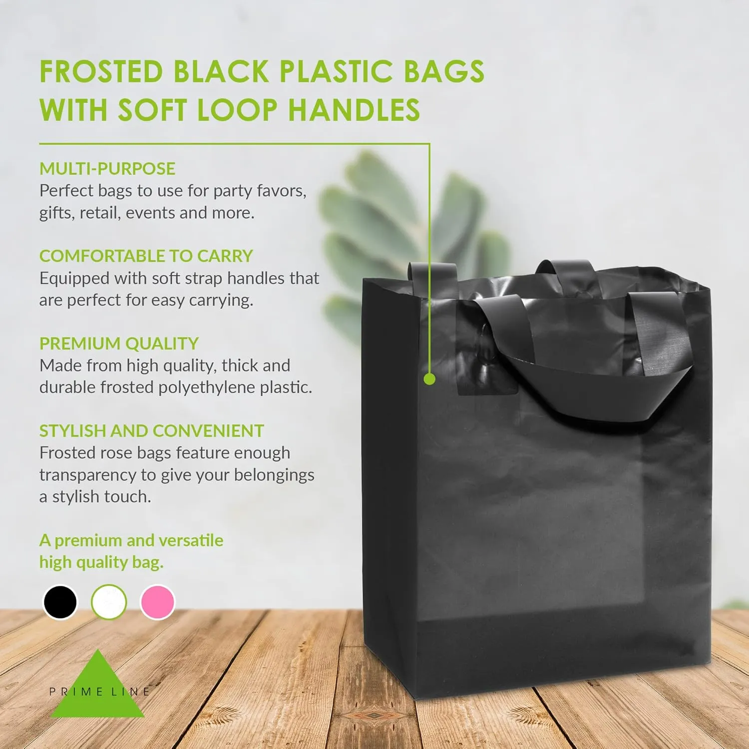 Prime Line Packaging Frosted Plastic Shopping Bags with Handles, Black Gift Tote for Merchandise, Retail, Boutiques, Parties, Events, 8x4x10 100 Pack