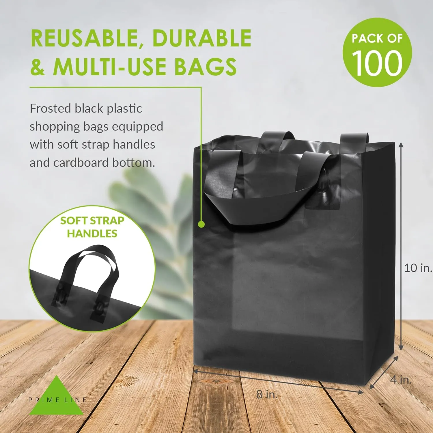 Prime Line Packaging Frosted Plastic Shopping Bags with Handles, Black Gift Tote for Merchandise, Retail, Boutiques, Parties, Events, 8x4x10 100 Pack