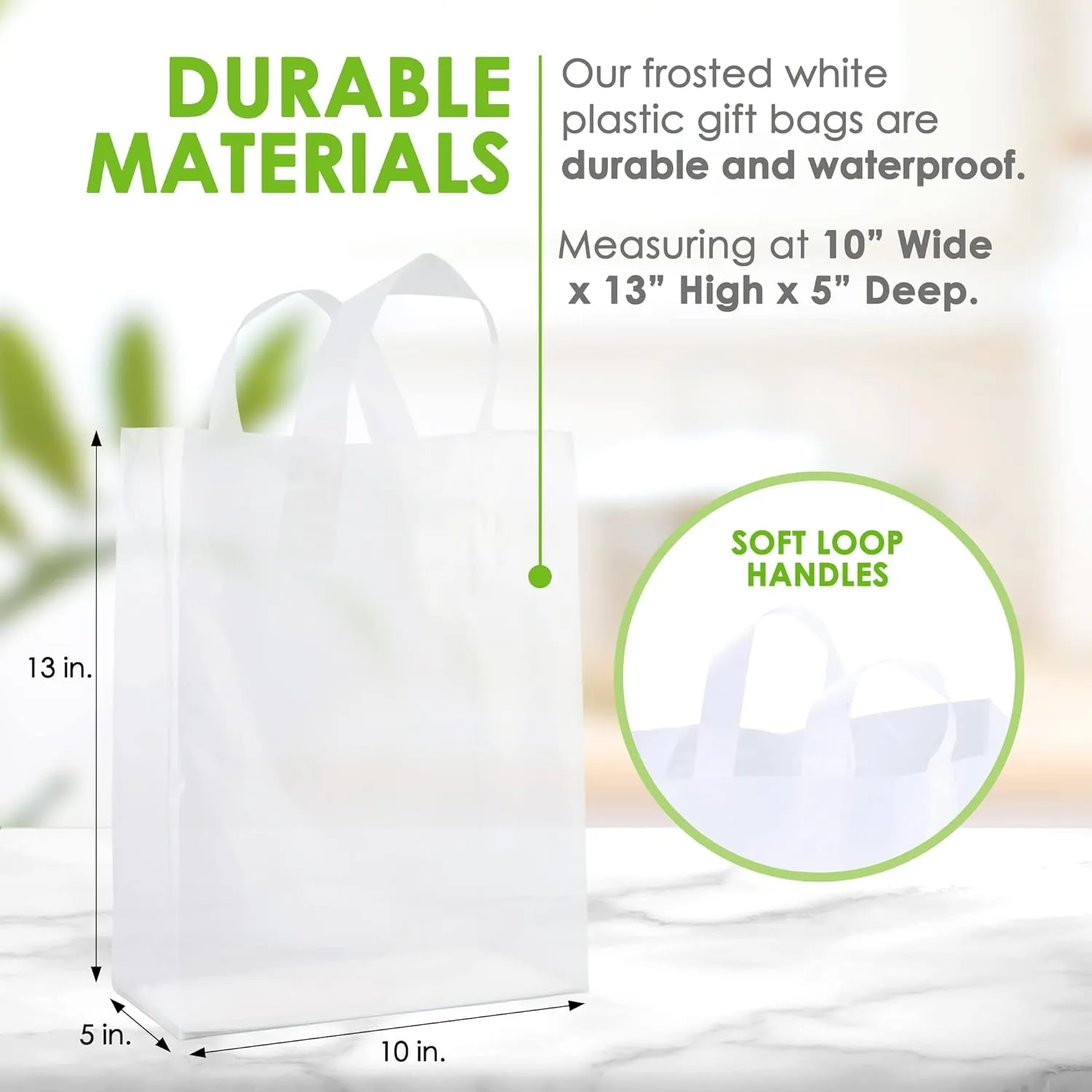 Prime Line Packaging Plastic Gift Bags with Handles, Clear Tote for Shopping, Small Business, Frosted Boutiques Supply, Retail, Bulk, 10x5x13 50 Pack