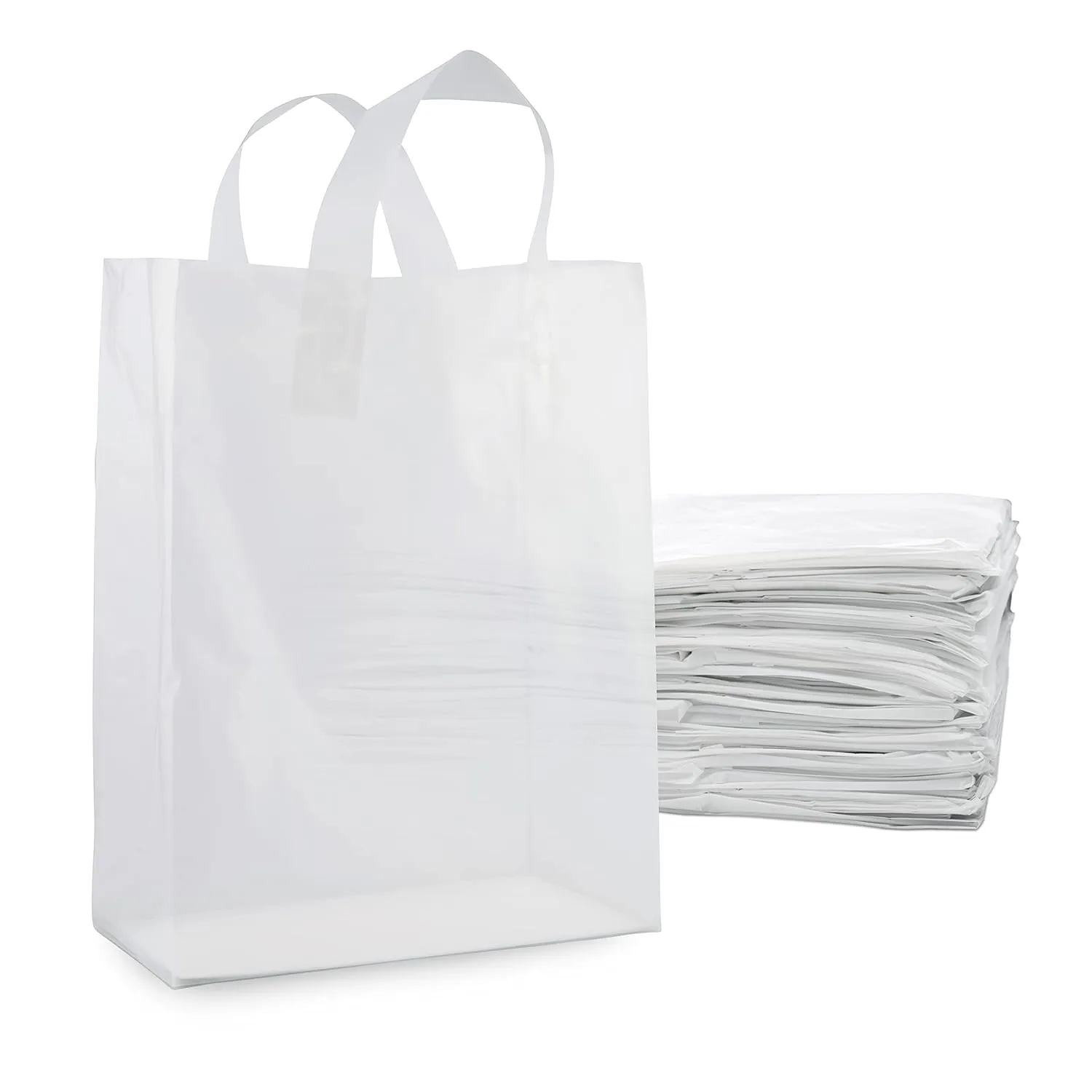 Prime Line Packaging Plastic Gift Bags with Handles, Clear Tote for Shopping, Small Business, Frosted Boutiques Supply, Retail, Bulk, 10x5x13 50 Pack