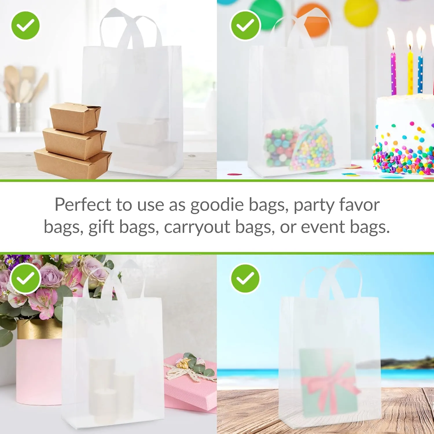 Prime Line Packaging Plastic Gift Bags with Handles, Clear Tote for Shopping, Small Business, Frosted Boutiques Supply, Retail, Bulk, 10x5x13 50 Pack