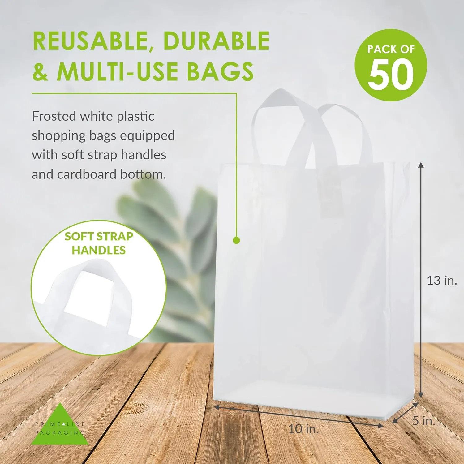 Prime Line Packaging Plastic Gift Bags with Handles, Clear Tote for Shopping, Small Business, Frosted Boutiques Supply, Retail, Bulk, 10x5x13 50 Pack