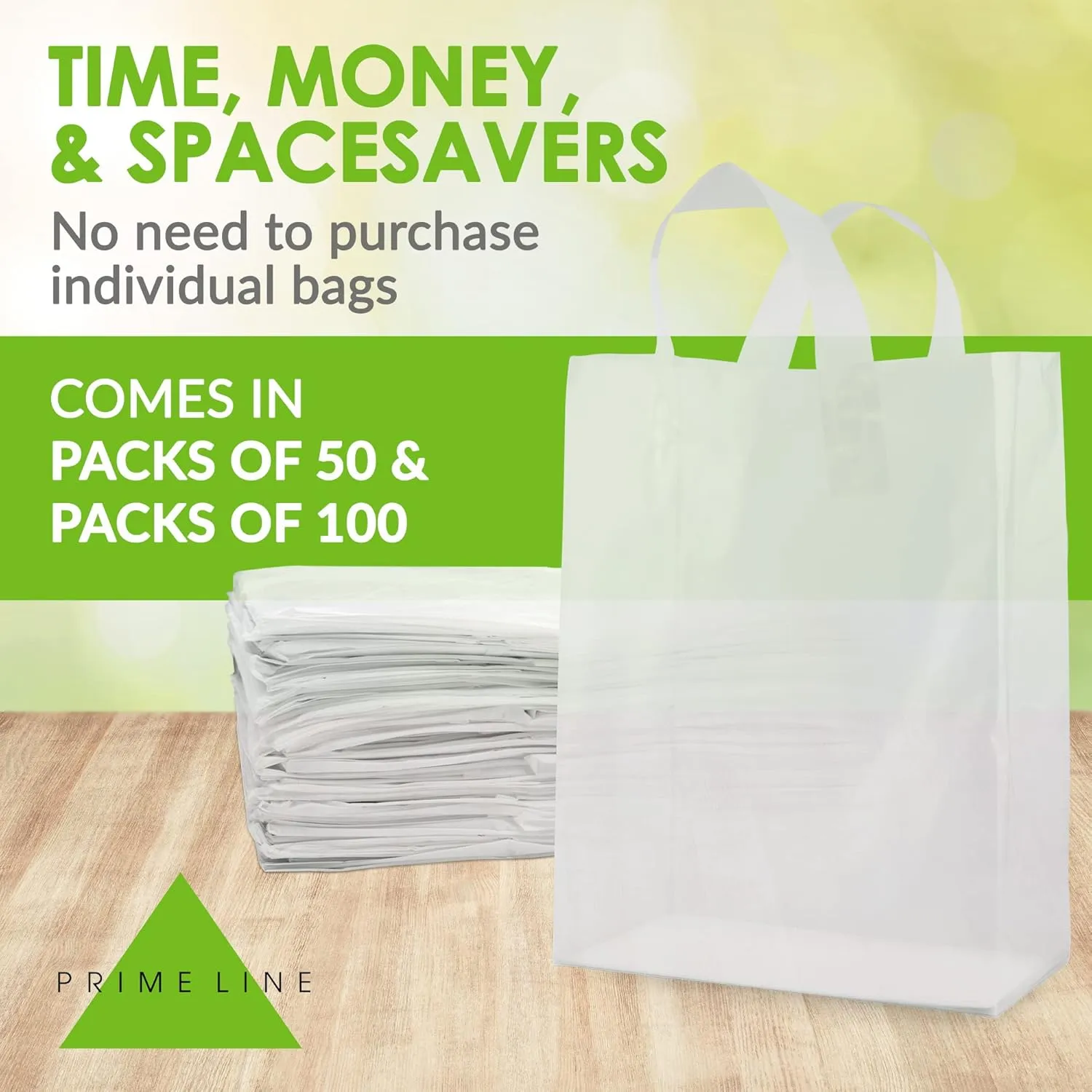 Prime Line Packaging Plastic Gift Bags with Handles, Clear Tote for Shopping, Small Business, Frosted Boutiques Supply, Retail, Bulk, 10x5x13 50 Pack