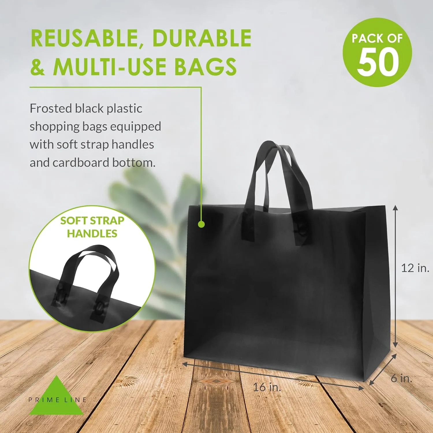 Prime Line Packaging Plastic Shopping Bags with Handles for Small Business, Black Frosted Tote, Merchandise, Retail, Boutiques, Bulk 16x6x12 50 Pack