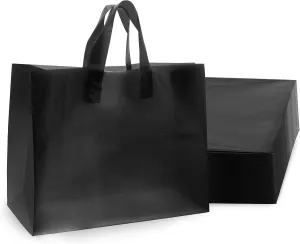 Prime Line Packaging Plastic Shopping Bags with Handles for Small Business, Black Frosted Tote, Merchandise, Retail, Boutiques, Bulk 16x6x12 50 Pack