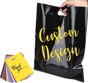 Printed Plastic Shopping Bags, Personalized Plastic Bags with Full Color Logo, Black Merchandise Bag with Handle for Boutique, Business, Clothing, Gift (200)
