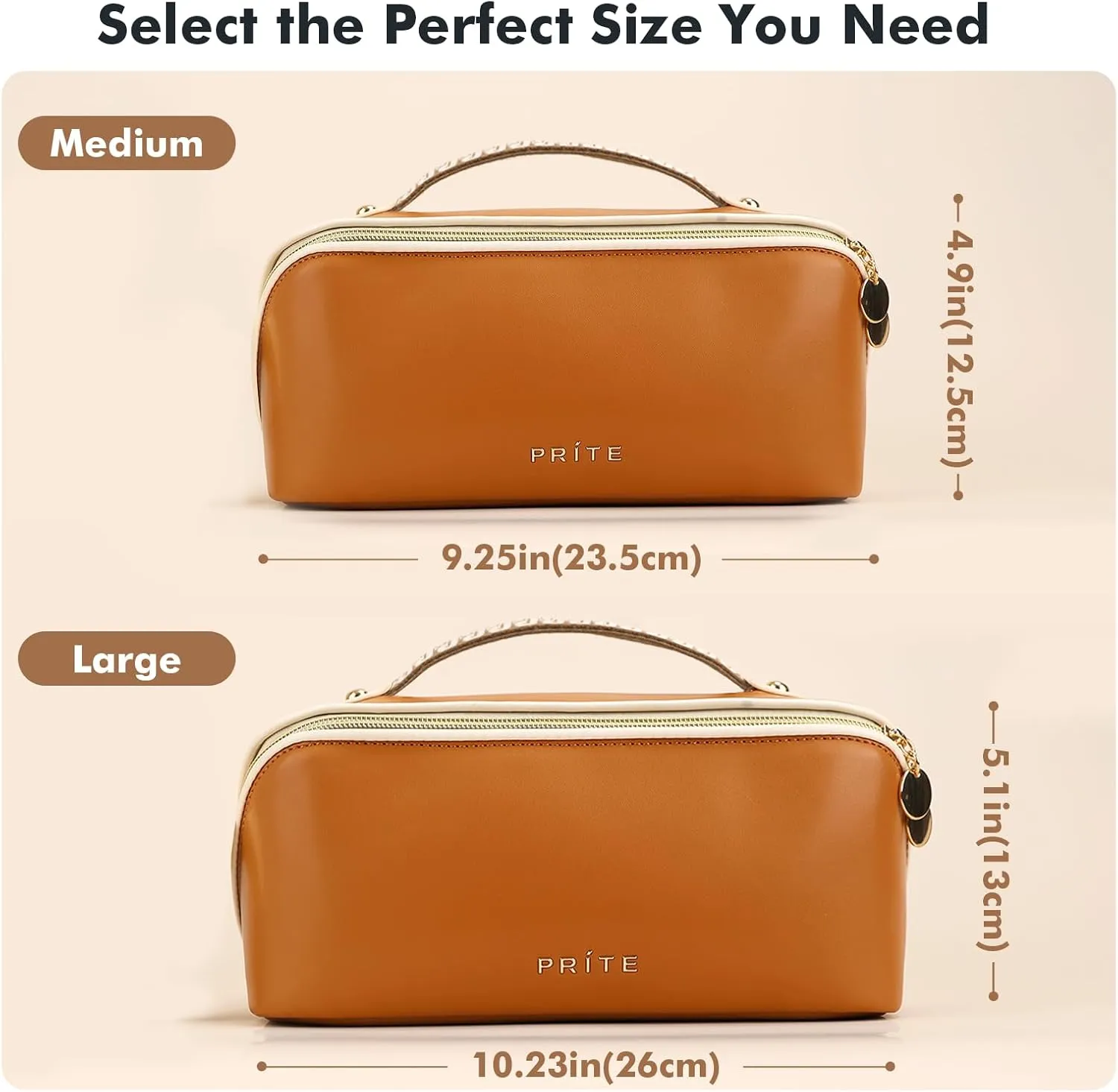 Prite Makeup Bag for Women Travel Waterproof Vegan Leather Cosmetic Bag Open Flat Toiletry Bag With Clear Divider and Handle (Large Brown)
