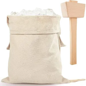 Professional Lewis Ice Bags with Mallet Set,15.3 × 8.6 In Reusable Canvas Ice Crusher Bags with Wooden Mallet for Home Kitchen Bar Party Ice Crushing