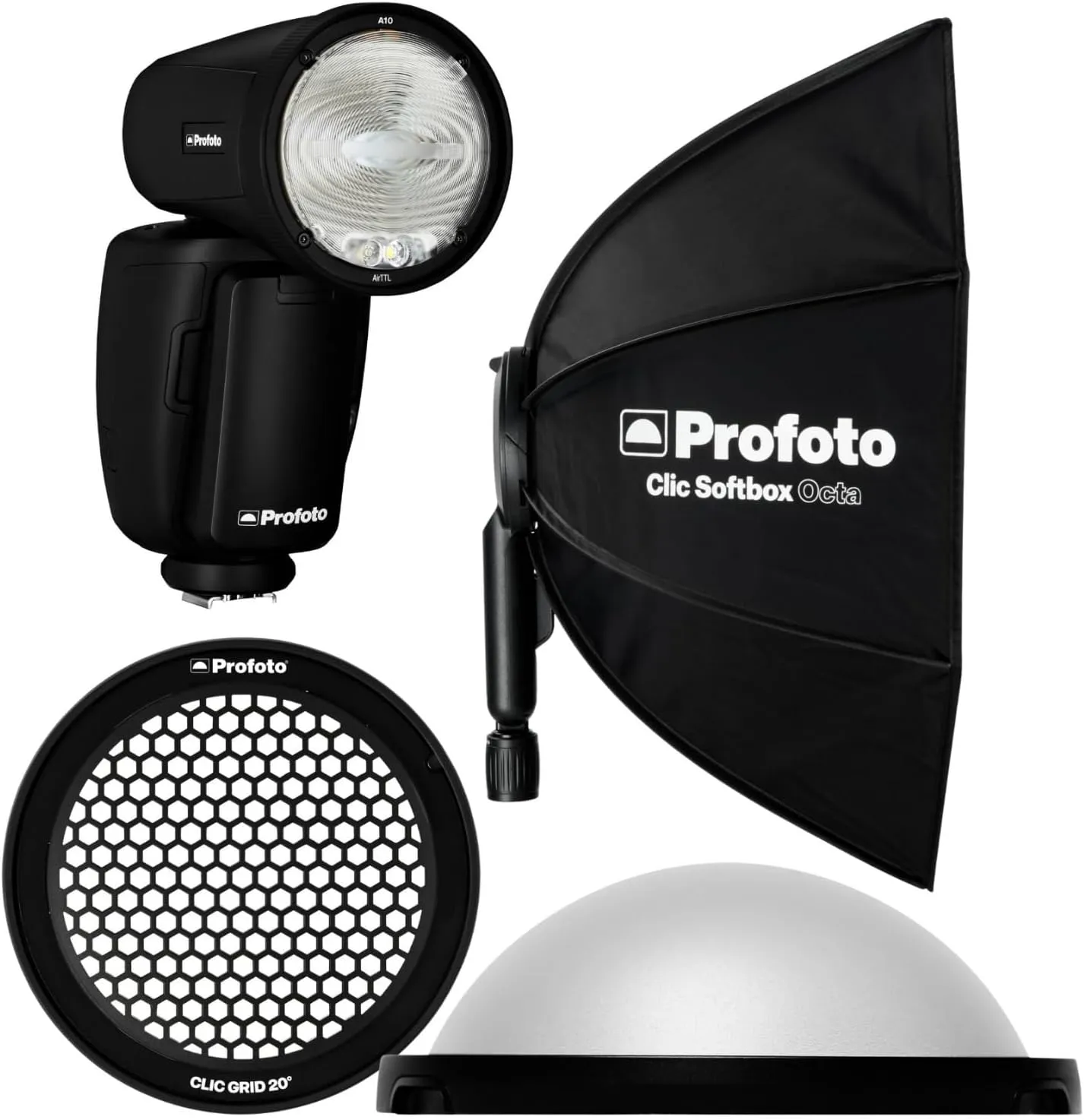 Profoto A10 AirTTL-C Studio Light for Canon - Premium Wireless Photography Lighting for Professional Photographers - Compact Design, AirTTL Compatibility Bundle with Softbox, Dome and Grid (4 Items)