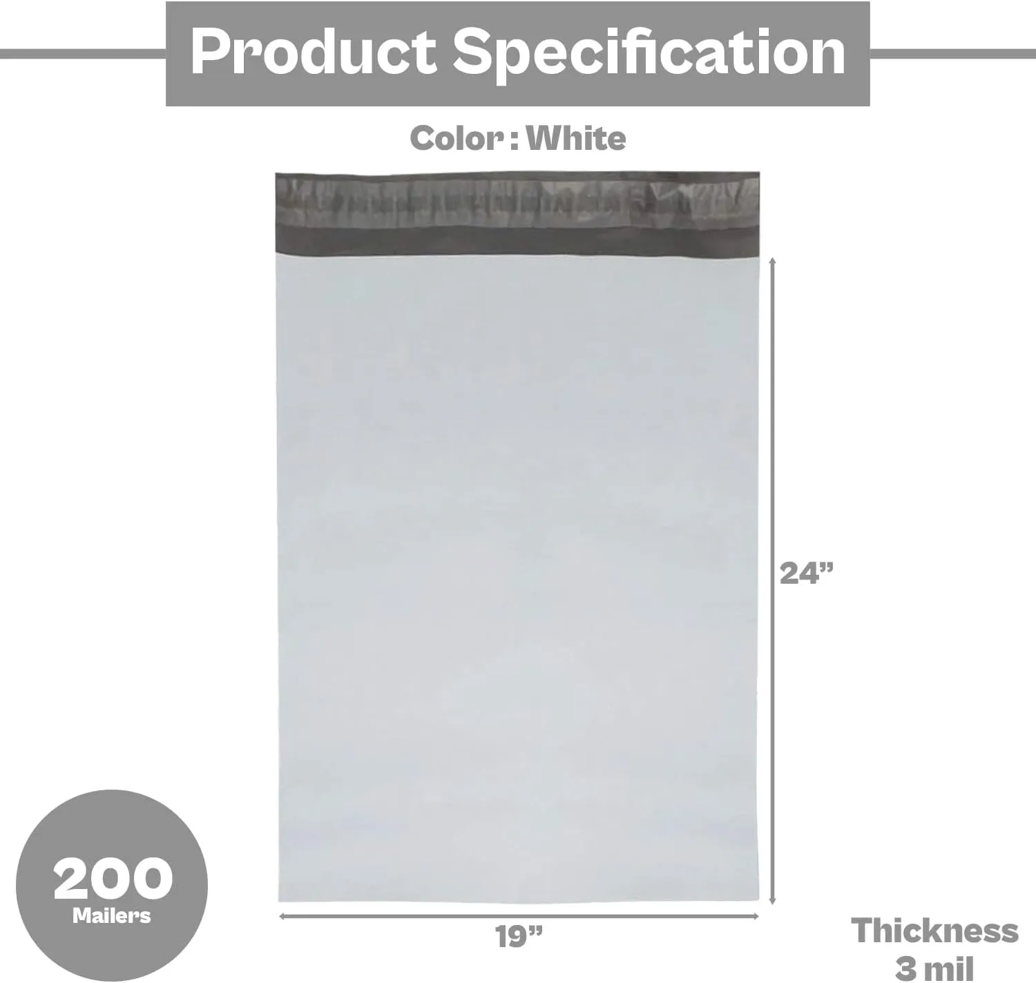 PSBM Poly Mailers, 19x24 Inch, 200 Pack, 3 Mil Thick, Shipping Envelope Mailers, White/Grey, Self Seal and Peel Strip