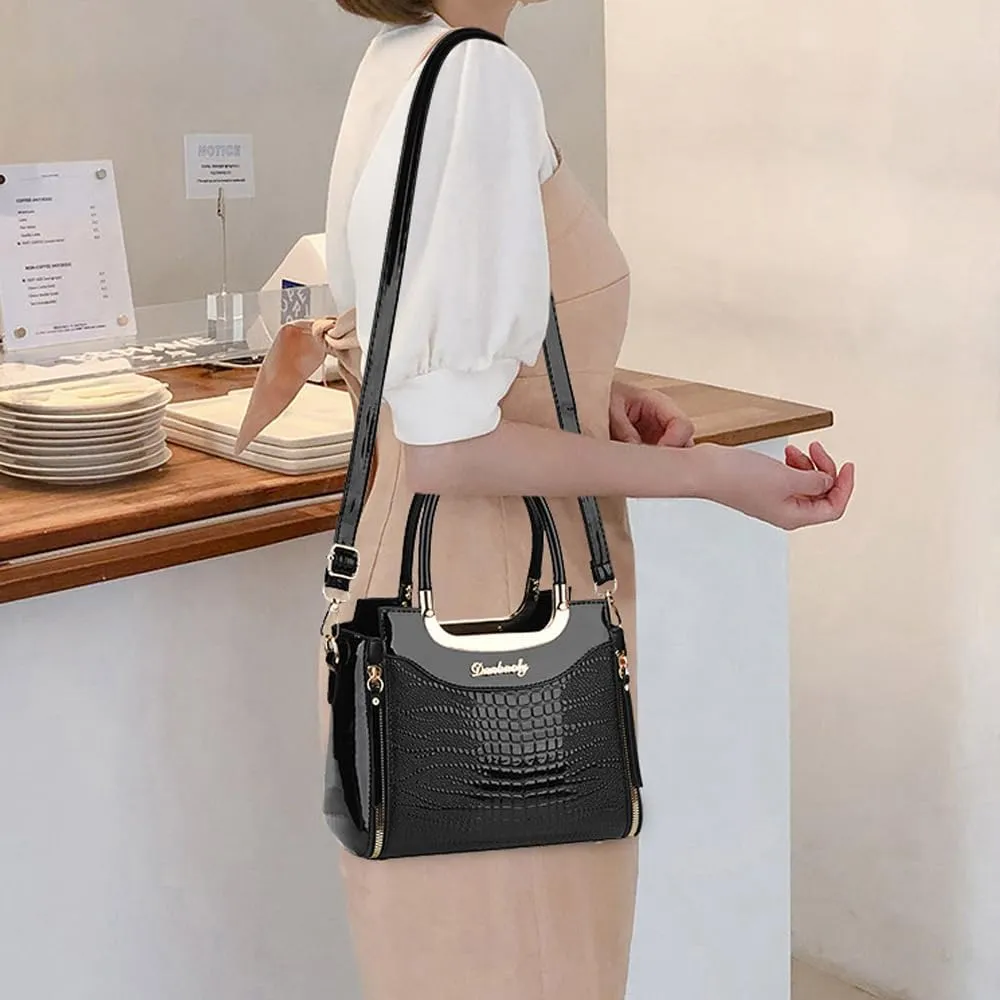PU Patent Leather Handbags for Women Crocodile Pattern Purses Satchel Handbag Shoulder Crossbody Bag Medium Tote Bag