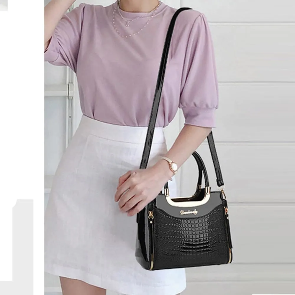 PU Patent Leather Handbags for Women Crocodile Pattern Purses Satchel Handbag Shoulder Crossbody Bag Medium Tote Bag
