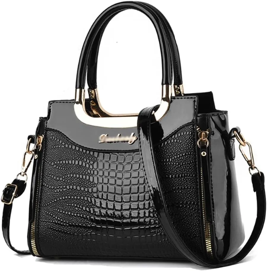 PU Patent Leather Handbags for Women Crocodile Pattern Purses Satchel Handbag Shoulder Crossbody Bag Medium Tote Bag