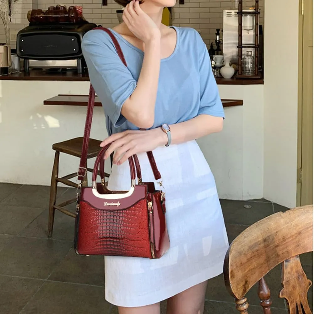 PU Patent Leather Handbags for Women Crocodile Pattern Purses Satchel Handbag Shoulder Crossbody Bag Medium Tote Bag