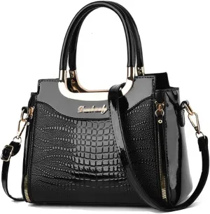 PU Patent Leather Handbags for Women Crocodile Pattern Purses Satchel Handbag Shoulder Crossbody Bag Medium Tote Bag