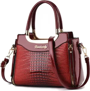 PU Patent Leather Handbags for Women Crocodile Pattern Purses Satchel Handbag Shoulder Crossbody Bag Medium Tote Bag