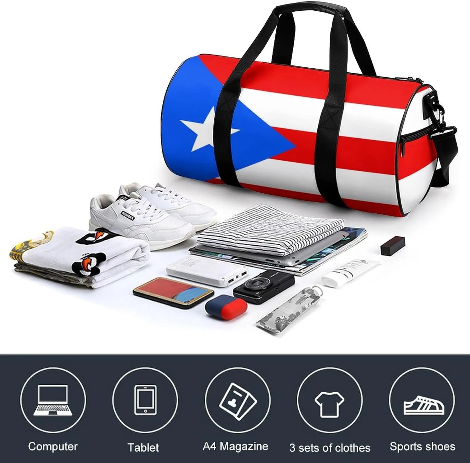 Puerto Rico Flag Sports Duffel Bag for Men Women with Shoe Compartment Gym Weekender Tote