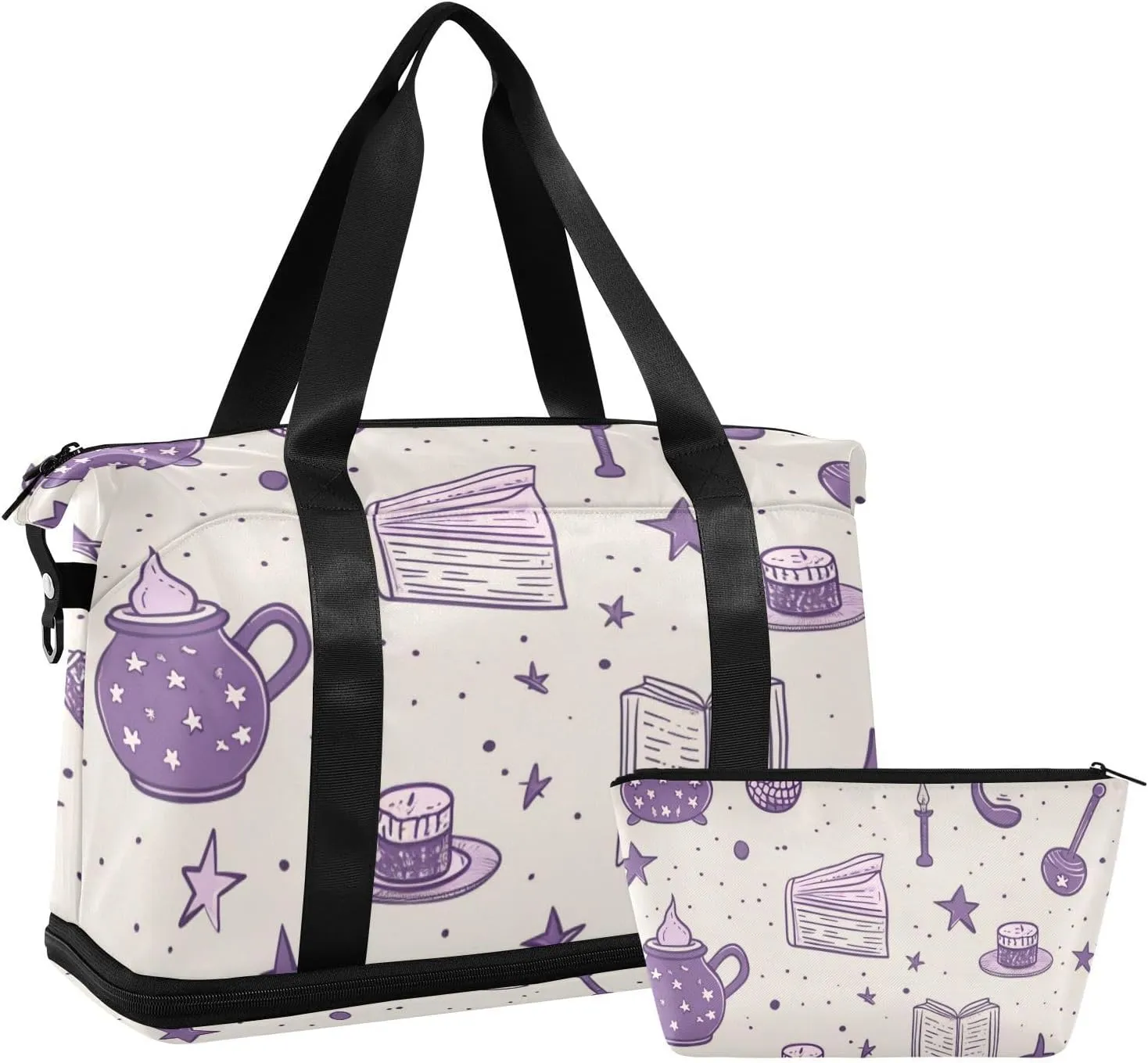 Purple Halloween Mystery Magic Personal Item Travel Bag Weekend Bag with Adjustable Strap for Trip 2 Pcs Set
