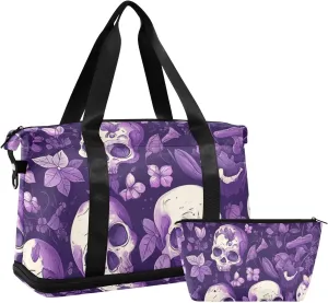 Purple Mysterious Flower Skull Large Travel Duffel Luggage Carry on Weekender Overnight Bag with Toiletry Bag for Workout 2 Pcs Set