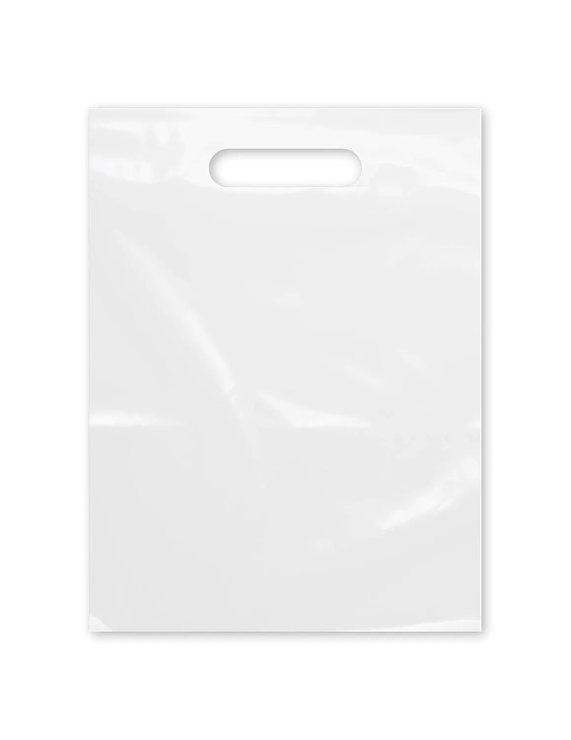 Purple Q Crafts Plastic Bag With Die Cut Handle 9" x 12" White Merchandise Bags 100 Pack for Retail, Gifts, Trade Show and More