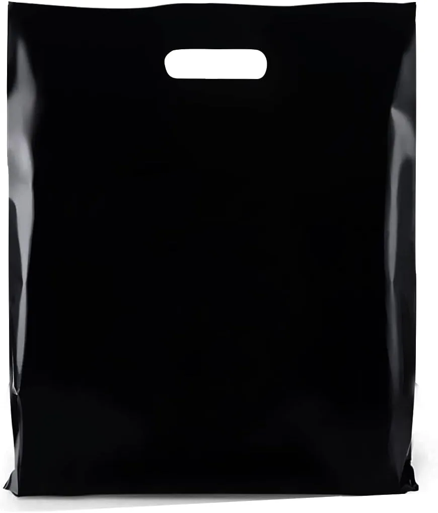 Purple Q Crafts Plastic Bag with Die Cut Handle Bag 15"x18" Black Plastic Merchandise Bags 50 Pack for Retail, Gifts, Trade Show and More