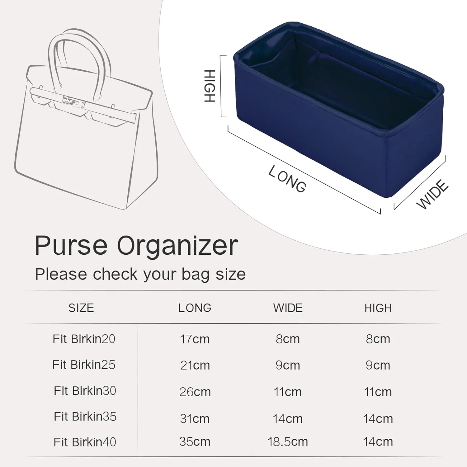 Purse Insert for Birkin 25, Bag Organizer Insert with Zipper Compatible with Hermes Birkin Bags, Lightweight and Silk Touch (BK25 with Zipper, Blue Saphir)