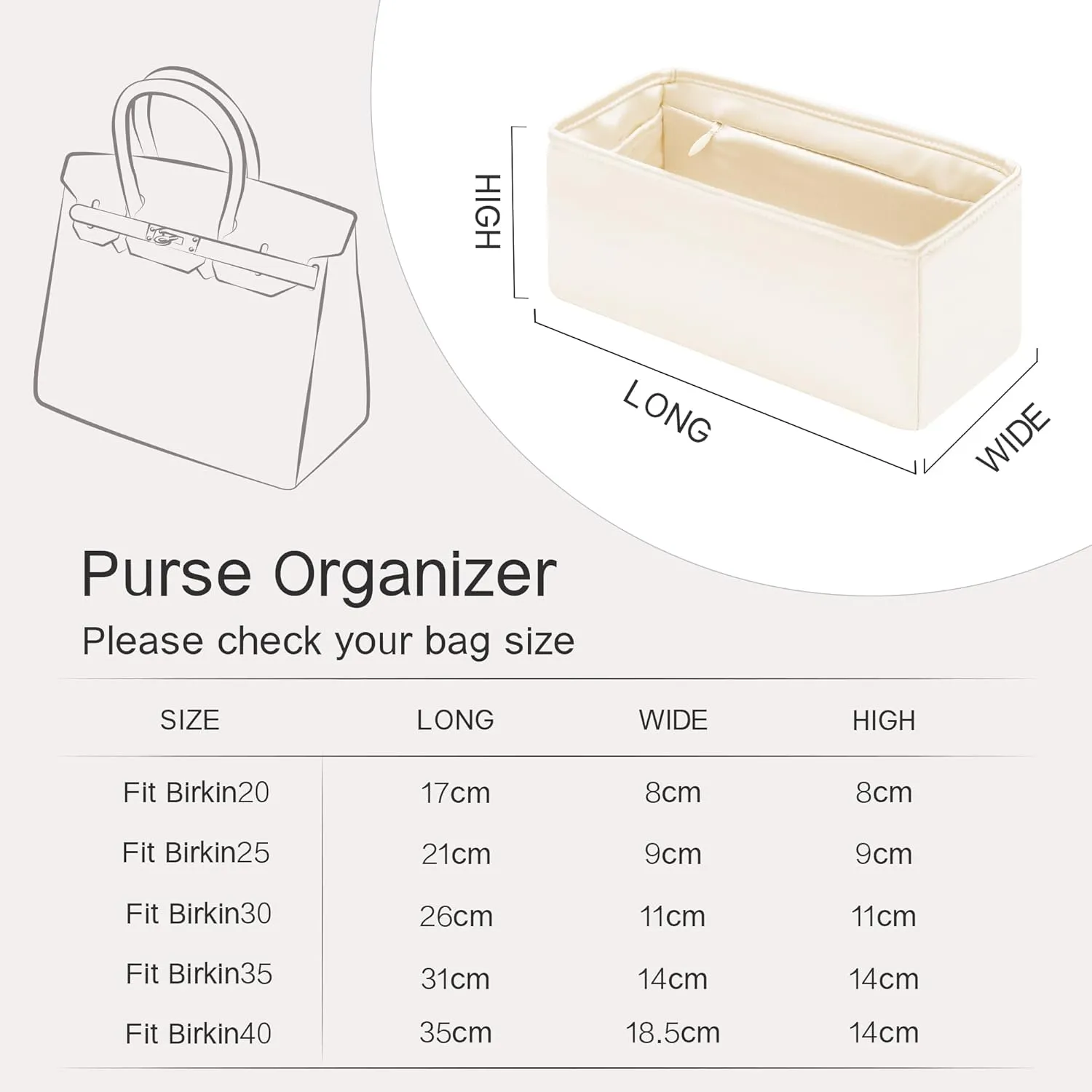 Purse Insert for Birkin 25, Bag Organizer Insert with Zipper Compatible with Hermes Birkin Bags, Lightweight and Silk Touch (BK25 with Zipper, Craie)
