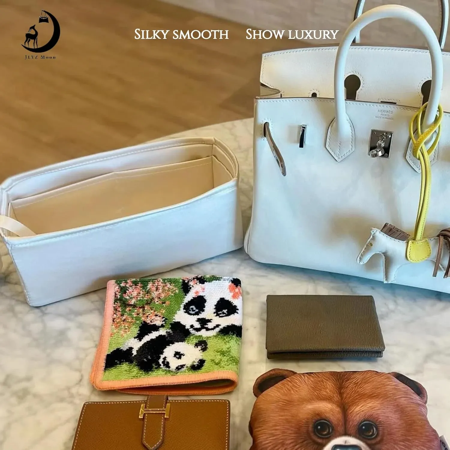Purse Insert for Birkin 25, Bag Organizer Insert with Zipper Compatible with Hermes Birkin Bags, Lightweight and Silk Touch (BK25 with Zipper, Craie)