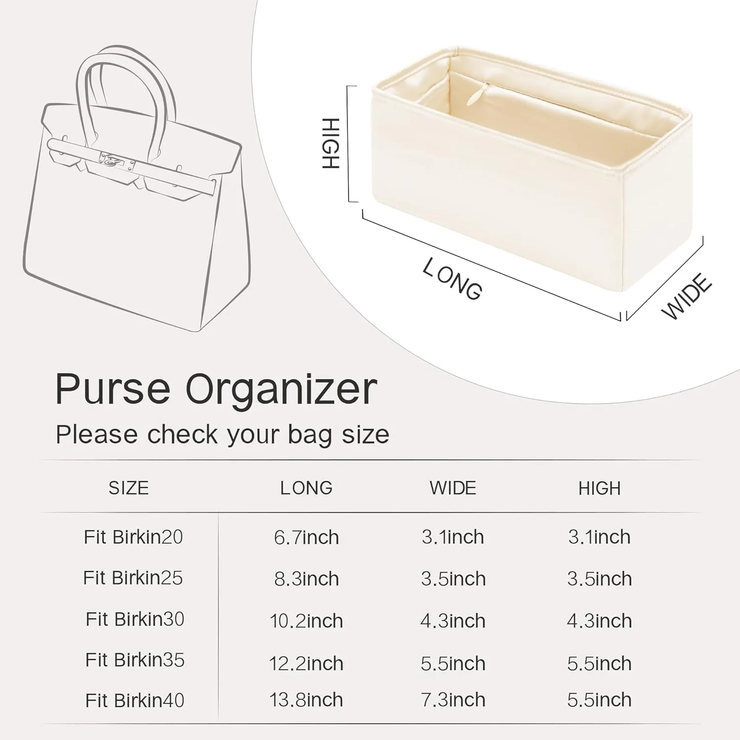 Purse Insert for Birkin 25, Bag Organizer Insert with Zipper Compatible with Hermes Birkin Bags, Lightweight and Silk Touch (BK25 with Zipper, Craie)