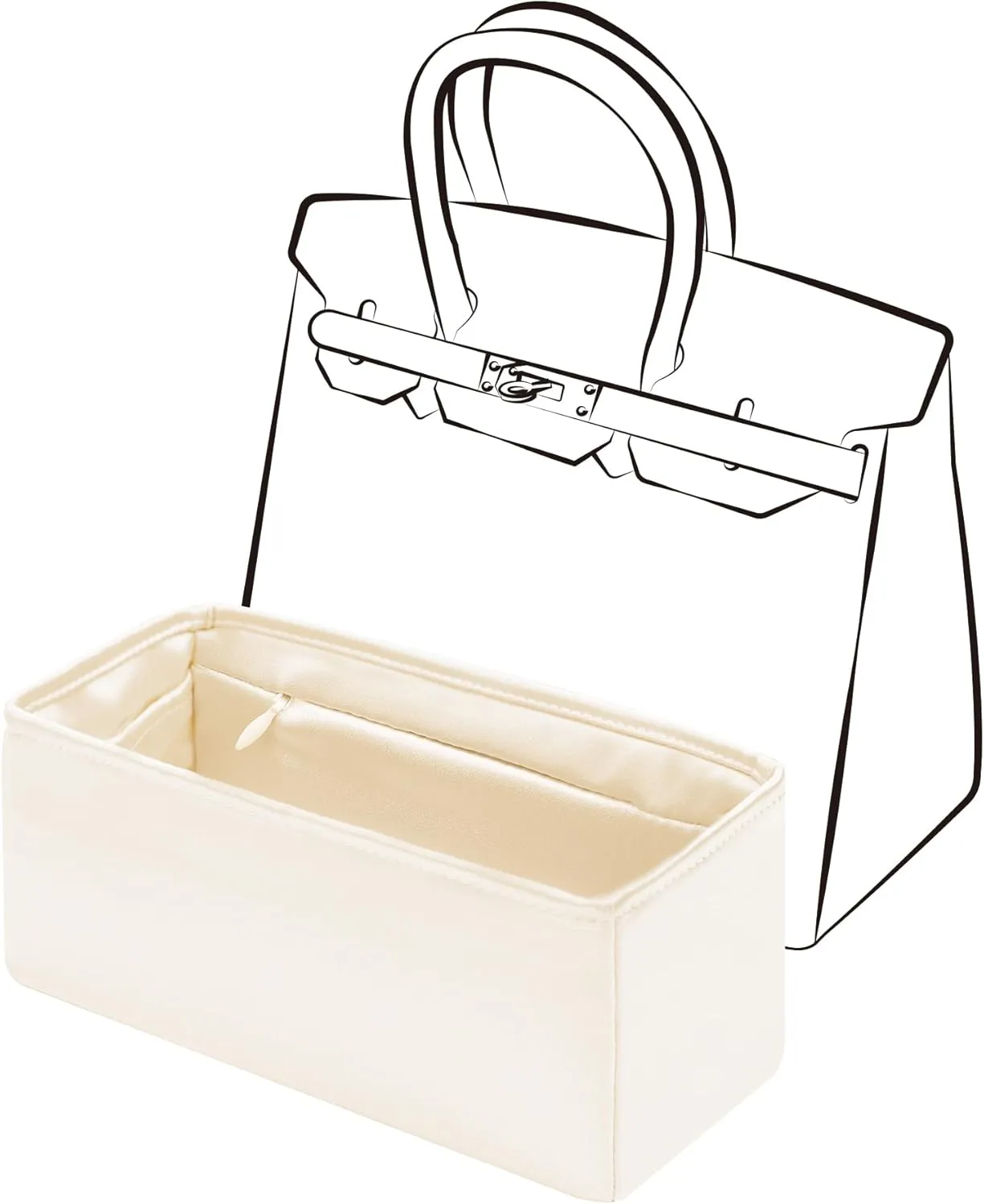 Purse Insert for Birkin 25, Bag Organizer Insert with Zipper Compatible with Hermes Birkin Bags, Lightweight and Silk Touch (BK25 with Zipper, Craie)