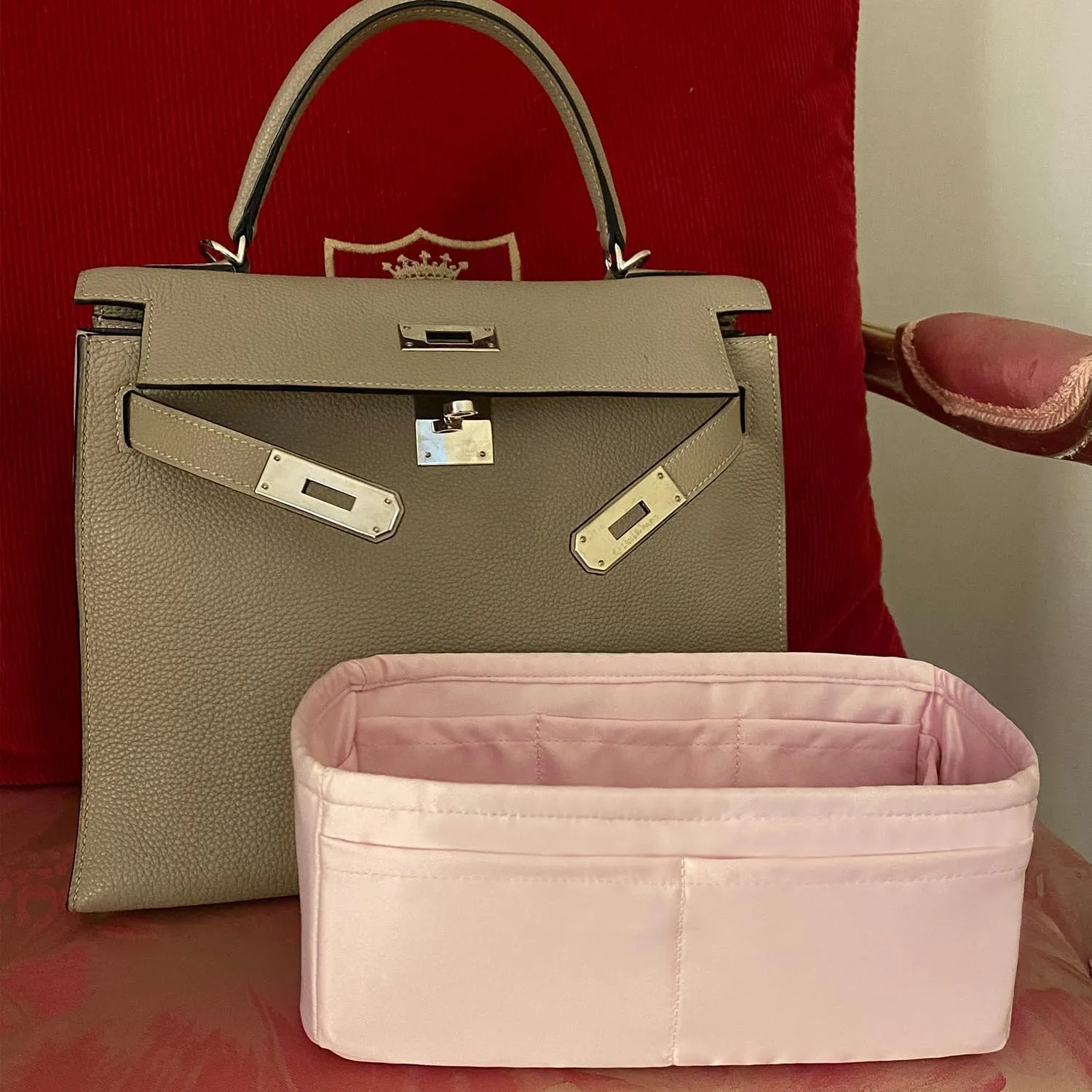 Purse Insert for Kelly 28, Silky Purse Organizers for Inside Purse, Lightweight Shaper Compatible with Hermes Kelly 28 Bag, Multi Color Options(Pink, KE 28)