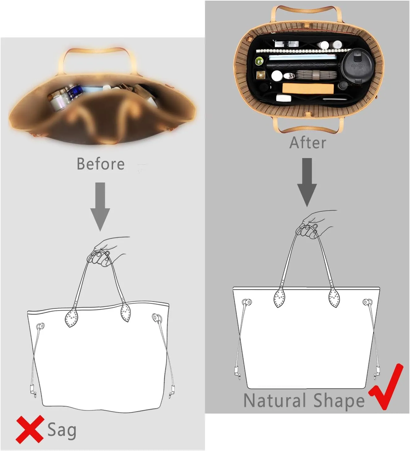 Purse Organizer Insert, Felt Purse Organizer with Zipper and Sewn Bottom Insert, Fit Speedy Neverfull Graceful,6 Sizes