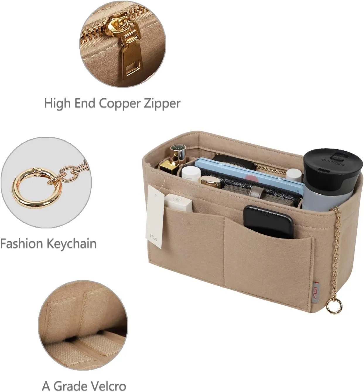 Purse Organizer Insert, Felt Purse Organizer with Zipper and Sewn Bottom Insert, Fit Speedy Neverfull Graceful,6 Sizes
