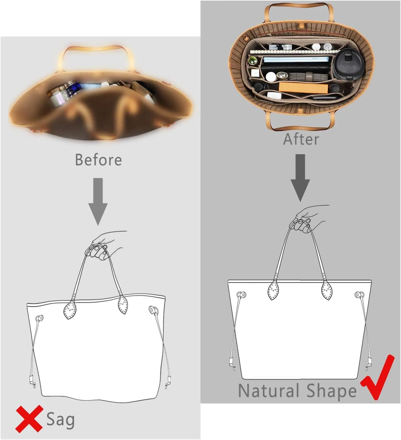 Purse Organizer Insert, Felt Purse Organizer with Zipper and Sewn Bottom Insert, Fit Speedy Neverfull Graceful,6 Sizes
