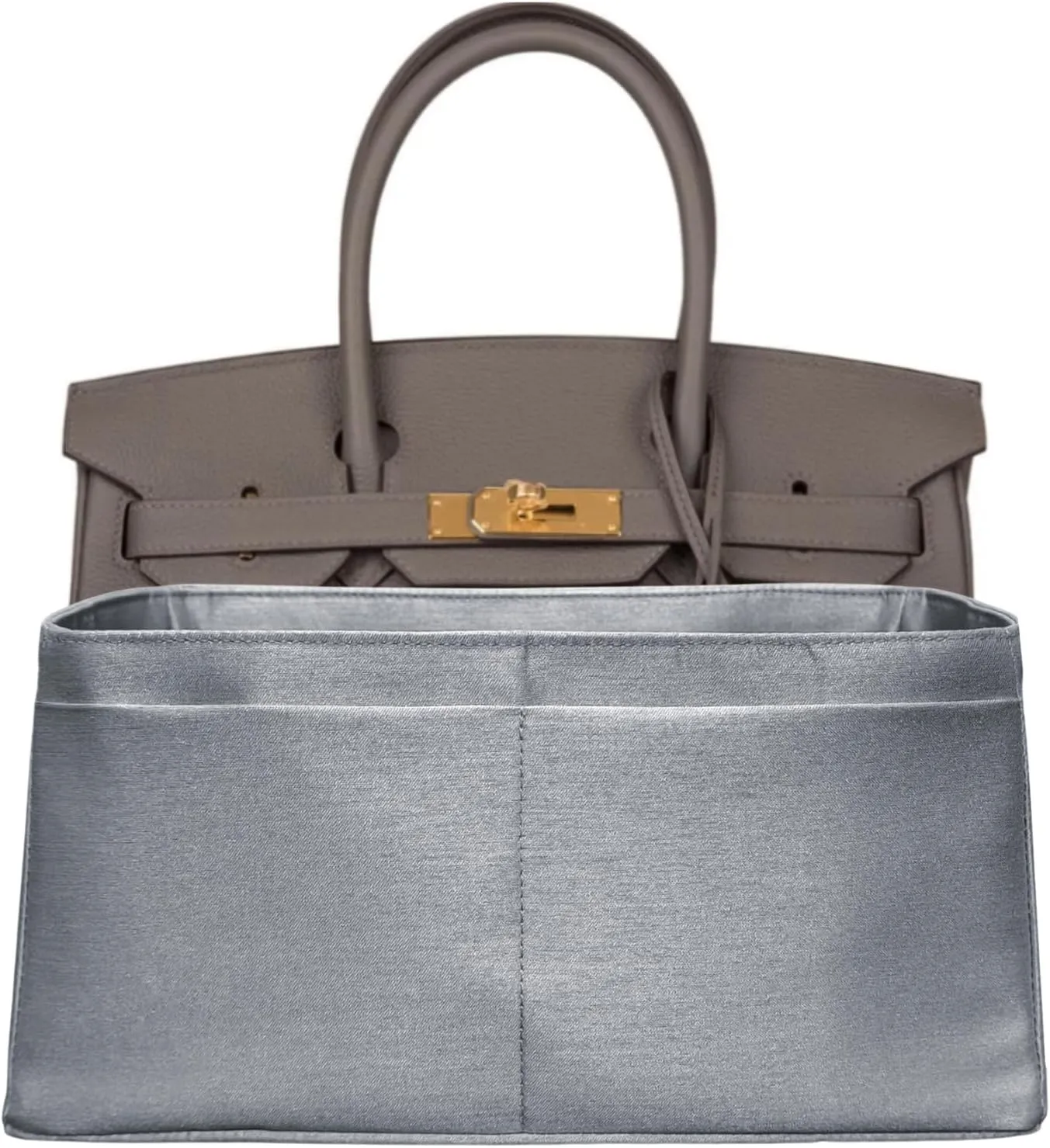 Purse organizer insert for Birkin 25, Italian Faux Silk Fabric, thin, Lightweight, brilliant sheen, Sturdy, Gift for Women, (Metallic Gray IBK25)