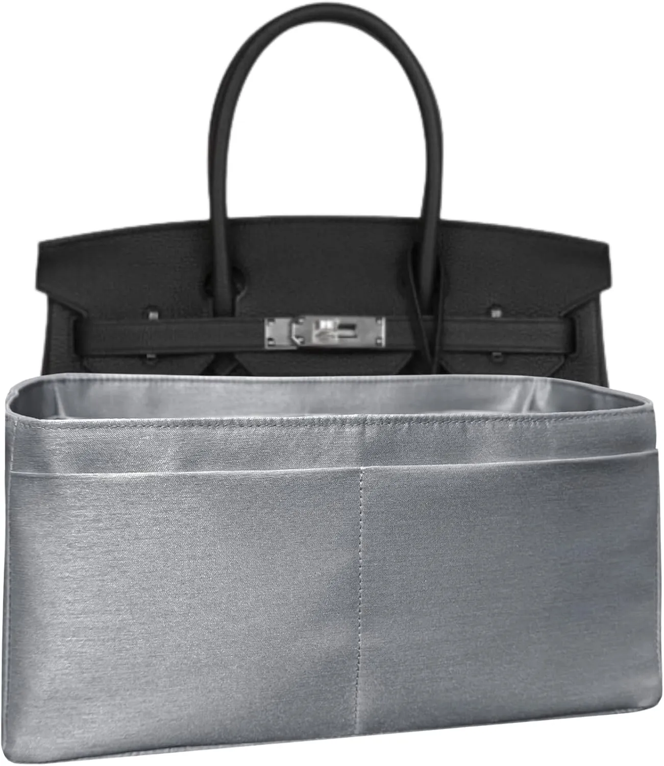 Purse organizer insert for Birkin 30, Italian Faux Silk Fabric, thin, Lightweight, brilliant sheen, Sturdy, Gift for Women, (Metallic Gray IBK30)