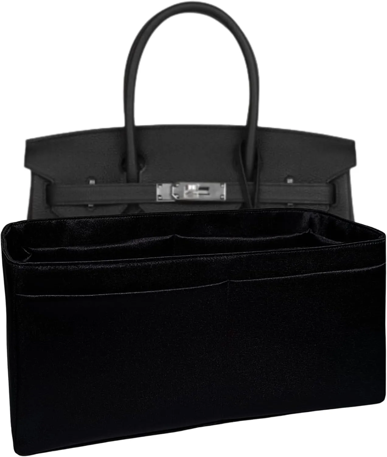 Purse Organizer Insert for Birkin 30, Premium Satin Handbag Organizer, thin, Lightweight, soft, smooth, silky texture, flexible, Gift for Women, (Black PB30)