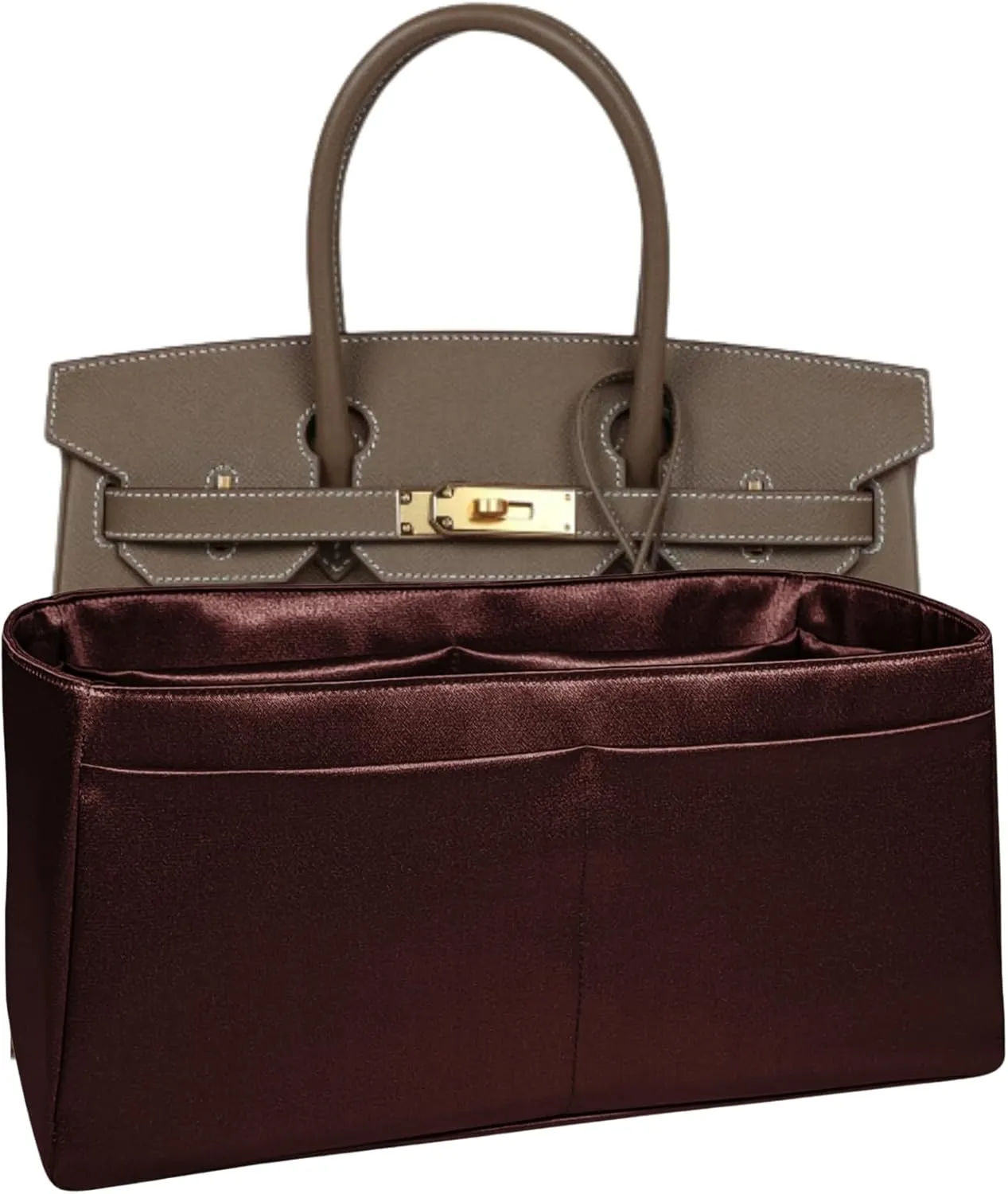 Purse Organizer Insert for Birkin 30, Premium Satin Handbag Organizer, thin, Lightweight, soft, smooth, silky texture, flexible, Gift for Women, (Dark Chocolate PB30)