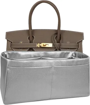 Purse Organizer Insert for Birkin 30, Premium Satin Handbag Organizer, thin, Lightweight, soft, smooth, silky texture, flexible, Gift for Women, (Gris Meyer PB30)