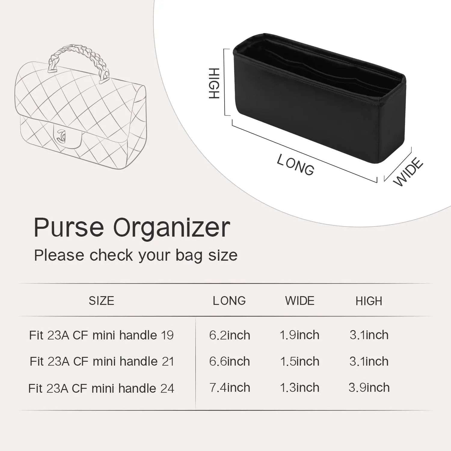 Purse Organizer Insert for Handbags, Silk Bag Organizer for Luxury Tote & Purse, Tote Bag,Silky Smooth, Bag Organizer Compatible with Chanel 23A CF mini handle 24(Handle 24,Black)