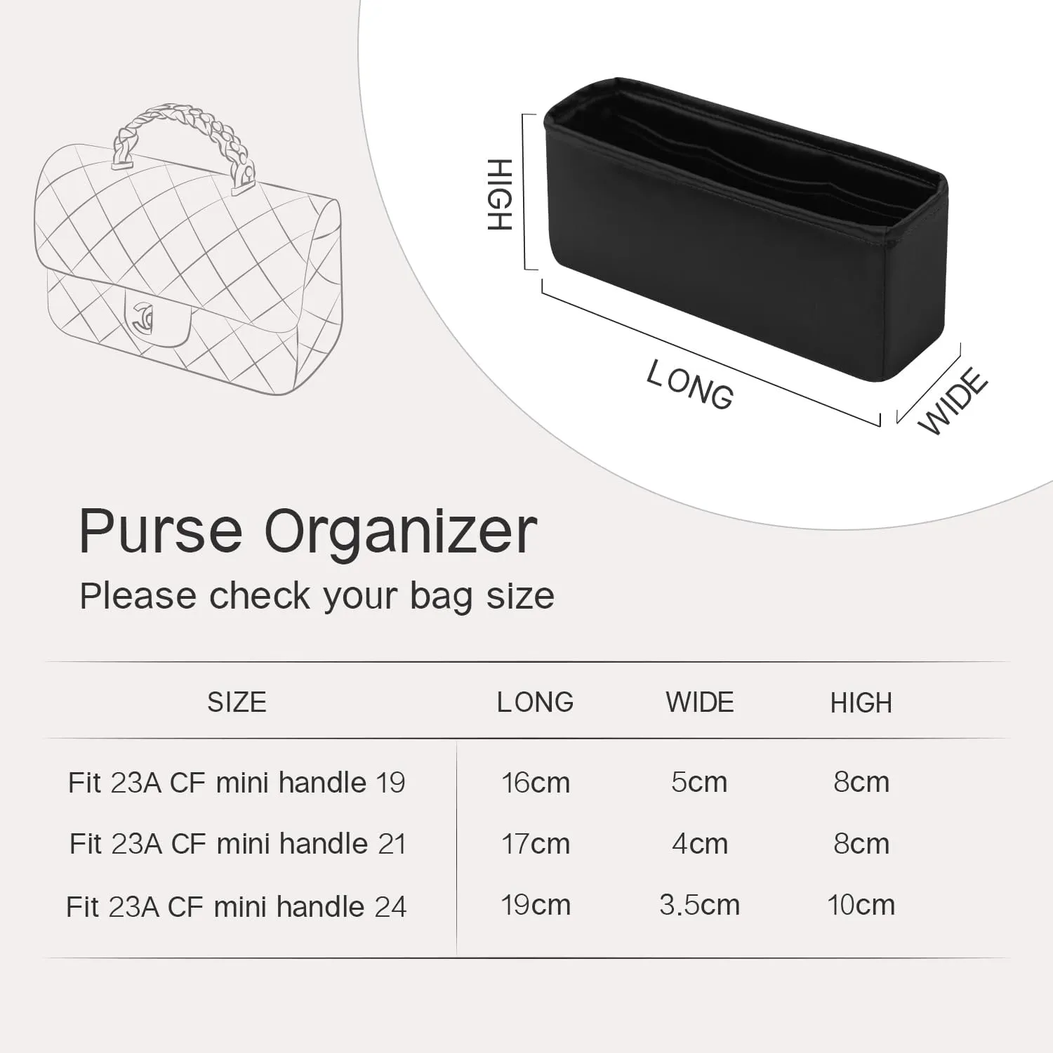 Purse Organizer Insert for Handbags, Silk Bag Organizer for Luxury Tote & Purse, Tote Bag,Silky Smooth, Bag Organizer Compatible with Chanel 23A CF mini handle 24(Handle 24,Black)
