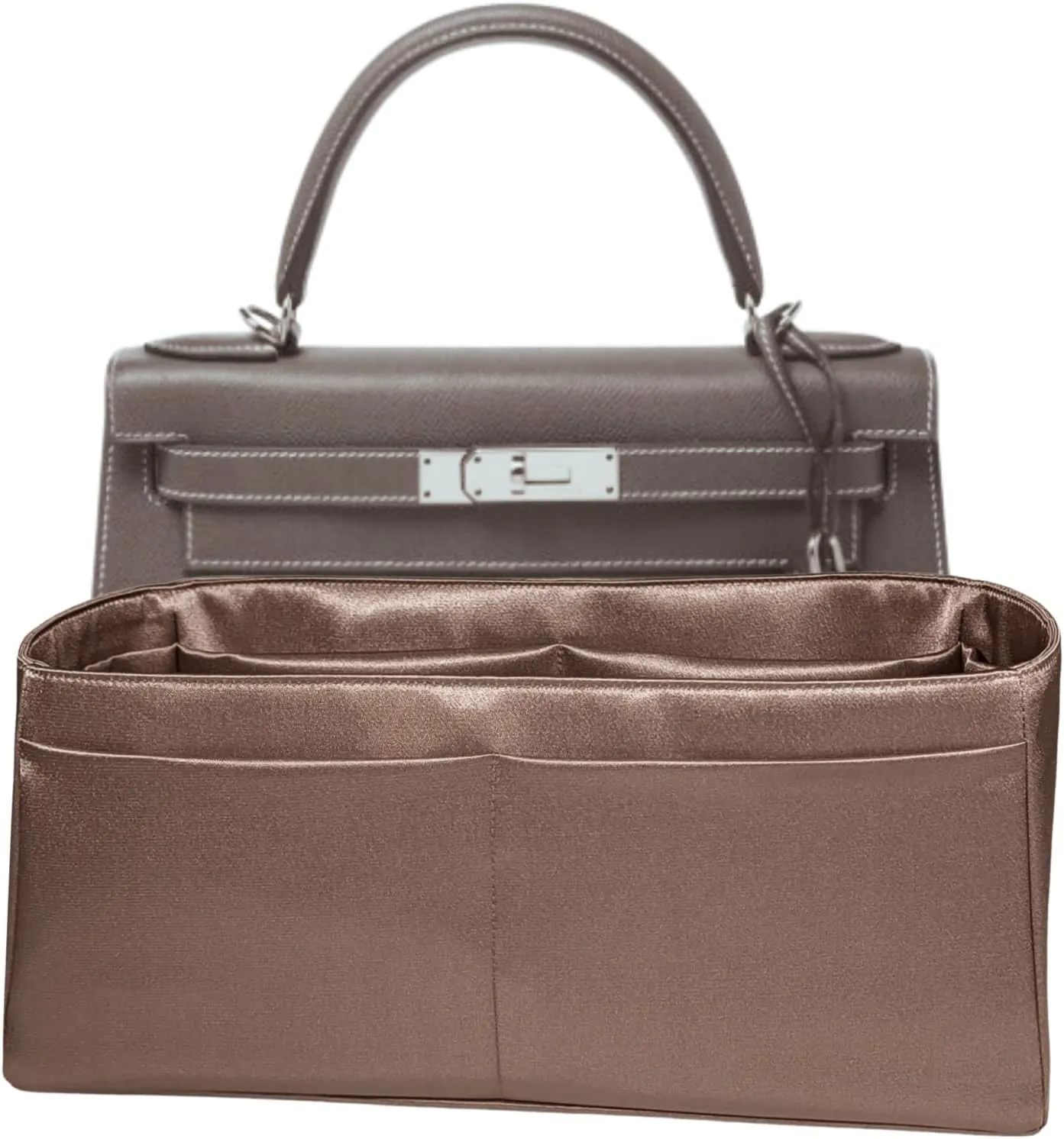 Purse Organizer Insert for Kelly 28 Sellier, Premium Satin Handbag Organizer, thin, Lightweight, soft, smooth, silky texture, flexible, Gift for Women, (Etoupe PKS28)