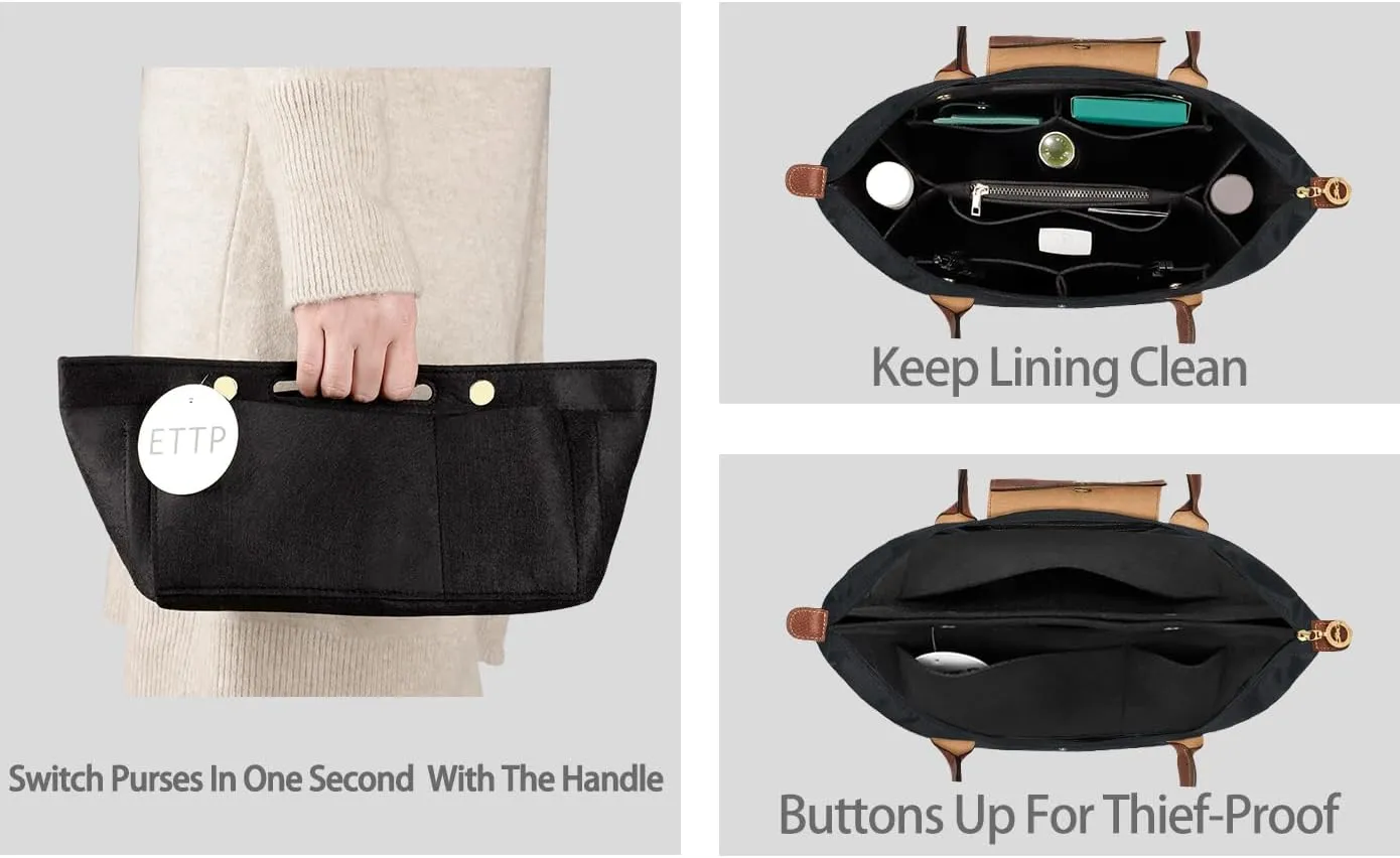 Purse Organizer Insert for le pliage Tote，Handbag Organizer Compatible with le pliage Shoulder Bag Large/Small,LE PLIAGE Top Handle Small/Medium (Black, Medium)