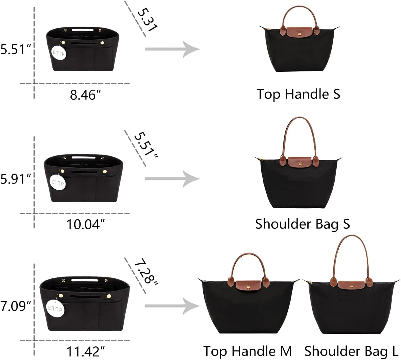 Purse Organizer Insert for le pliage Tote，Handbag Organizer Compatible with le pliage Shoulder Bag Large/Small,LE PLIAGE Top Handle Small/Medium (Black, Medium)
