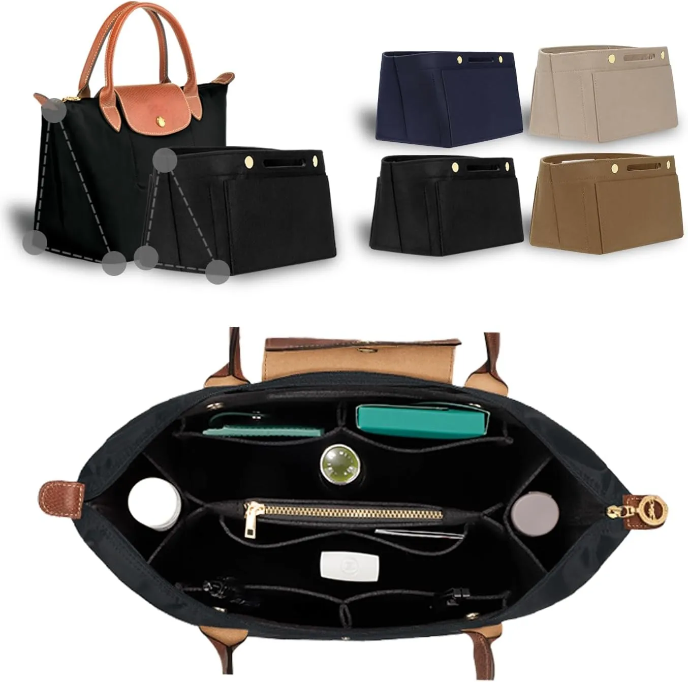 Purse Organizer Insert for le pliage Tote，Handbag Organizer Compatible with le pliage Shoulder Bag Large/Small,LE PLIAGE Top Handle Small/Medium (Black, Medium)