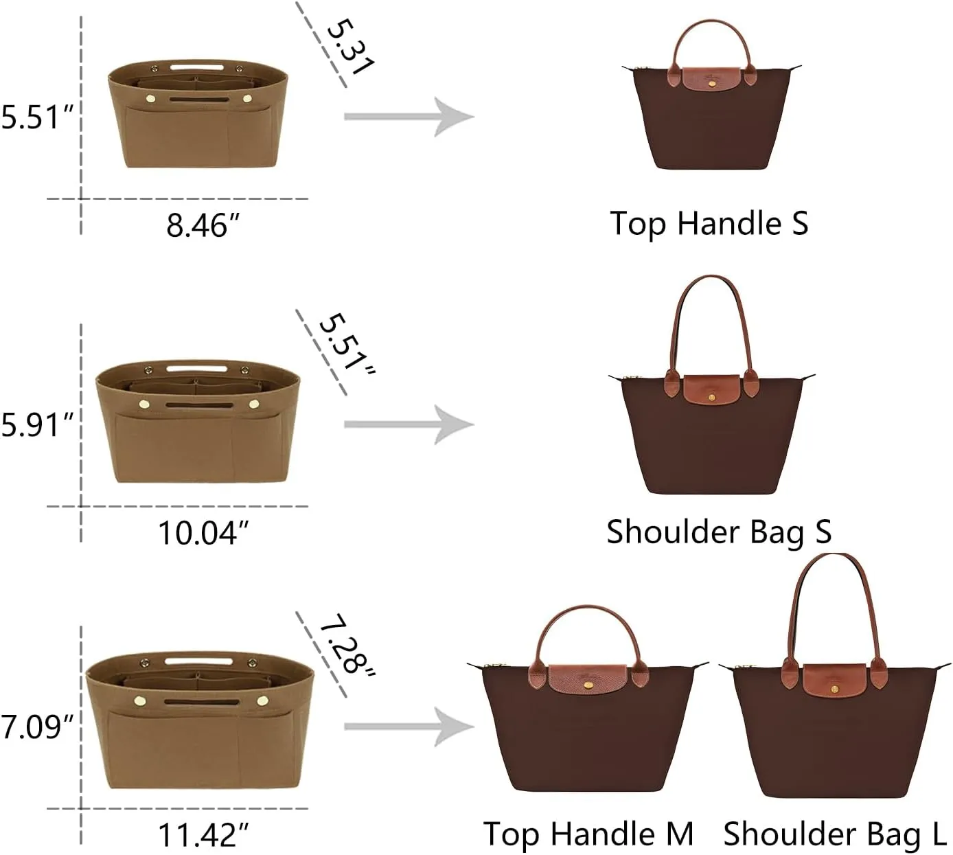 Purse Organizer Insert for le pliage Tote，Handbag Organizer Compatible with le pliage Shoulder Bag Large/Small,LE PLIAGE Top Handle Small/Medium (Lighting Coffee, Medium)